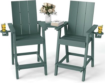 FOOWIN Tall Adirondack Chairs Set of 2,HDPE Adirondack Bar Stools with Connecting Tray & Cup Holders,Weather Resistant Balcony Chair for Outdoor Deck Lawn Pool Backyard Green