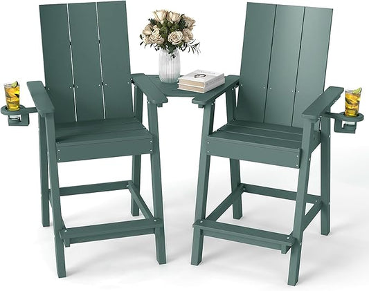FOOWIN Tall Adirondack Chairs Set of 2,HDPE Adirondack Bar Stools with Connecting Tray & Cup Holders,Weather Resistant Balcony Chair for Outdoor Deck Lawn Pool Backyard Green