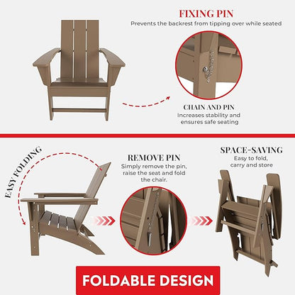 Costaelm Folding Adirondack Chairs, Outdoor Patio Adjustable Lawn Chairs, Weather Resistant Outside Firepit Chairs for Porch, Poolside, Garden, Backyard Deck, Weathered Wood