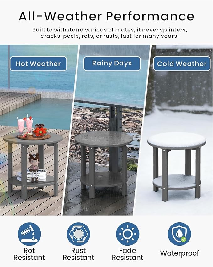 HDPE Outdoor Side Table for Patio, 18.1-Inch Weatherproof Small Outdoor Table for Adirondack, 2-Tier Round End Table for Garden Backyard Porch Deck Balcony Poolside, Grey