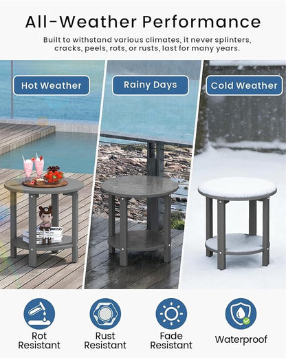 HDPE Outdoor Side Table for Patio, 18.1-Inch Weatherproof Small Outdoor Table for Adirondack, 2-Tier Round End Table for Garden Backyard Porch Deck Balcony Poolside, Grey