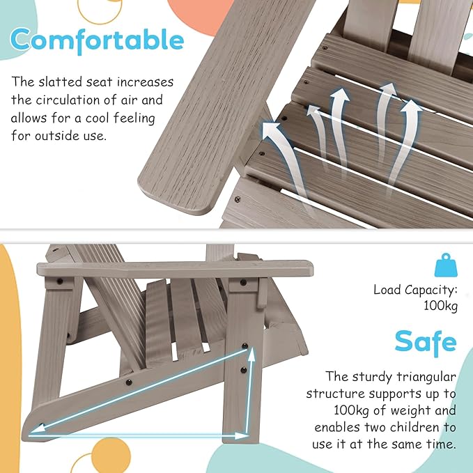 Giantex Kids Adirondack Chair 2-Seat - Children's Outdoor Chair with High Backrest, Arm Rest, 300 Lbs Capacity, Wood Double Loveseat, Porch Chair for Yard, Poolside (1, Khaki Grey)