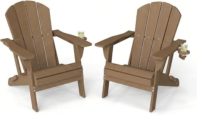 Kingdura Folding Adirondack Chairs Set of 2, Portable HDPE Outdoor Patio Chair with Wooden Textured & Cup Holder, All Weather Resistant, 380LBS Capacity for Pool, Backyard, Balcony, Fire Pit (Brown)