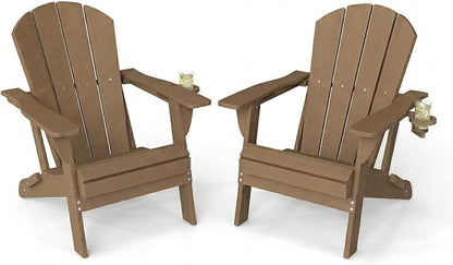 Kingdura Folding Adirondack Chairs Set of 2, Portable HDPE Outdoor Patio Chair with Wooden Textured & Cup Holder, All Weather Resistant, 380LBS Capacity for Pool, Backyard, Balcony, Fire Pit (Brown)