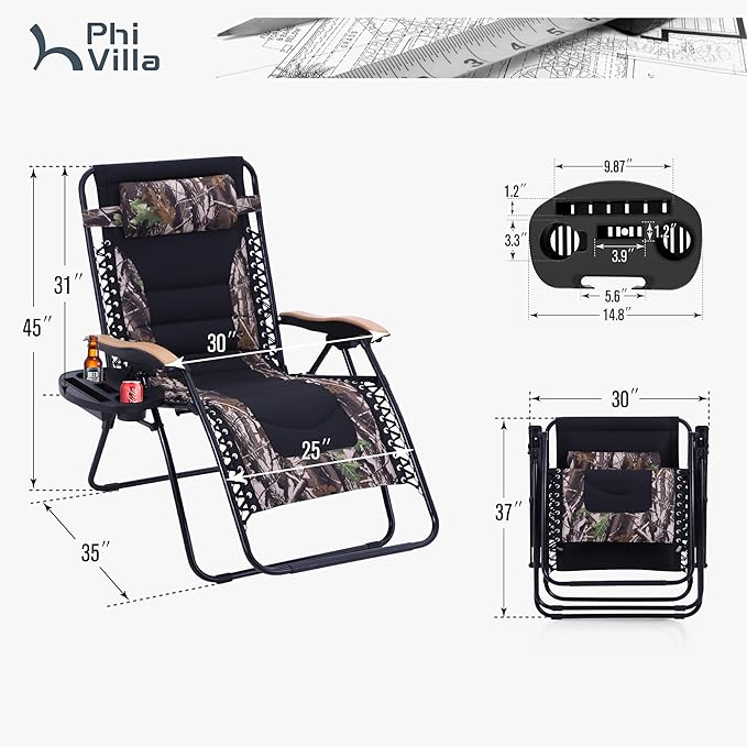 PHI VILLA XXL Oversized Padded Zero Gravity Chair Set of 2, Foldable Patio Recliner, 30" Wide Seat Anti Gravity Lounger with Armrest and Cup Holder, Support 400 LBS (Camouflage)