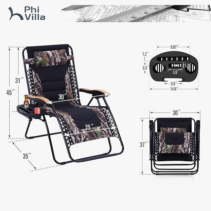 PHI VILLA XXL Oversized Padded Zero Gravity Chair Set of 2, Foldable Patio Recliner, 30" Wide Seat Anti Gravity Lounger with Armrest and Cup Holder, Support 400 LBS (Camouflage)