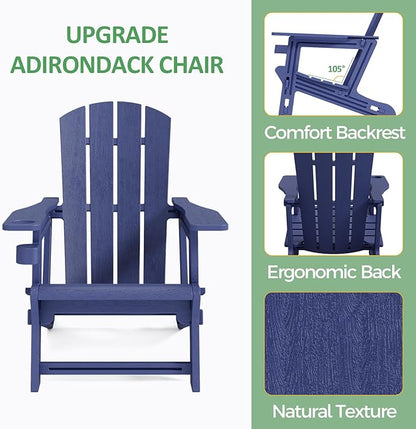 Adirondack Chair，Plastic Outdoor Chairs Without Screws Install，Patio Adirondack with Cup Holder，400 LBS Capacity Recliner Chair Garden Chair for Backyard Lawn Beach Navy Blue