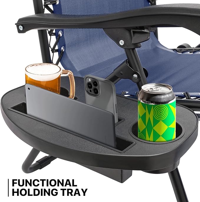 MoNiBloom Zero Gravity Chairs Set of 2, Patio Anti Gravity Recliner with Canopy Shade, Foldable Outdoor Lounger with Cup Holder Tray and Headrest for Beach Camping, Navy Blue