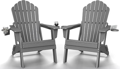 Plawdlik 2026 Upgraded Oversized Folding Adirondack Chair, Set of 2,380 lbs Heavy Duty Fire Pit Chair with 37.8" Extra High Back & Dual Cup Holders, All-Weather HDPE Lounge Chair for Outdoor-Gray