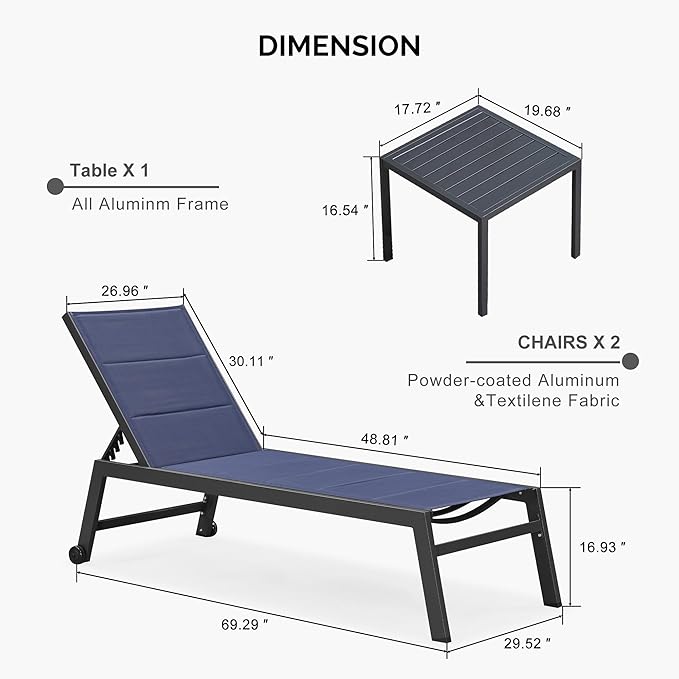 PURPLE LEAF Extra Large Outdoor Chaise Lounge 4 Pieces Aluminum Patio Lounge Chair with Wheels Reclining Chair for Patio Pool Beach Sunbathing Navy Blue Oversized Lounger