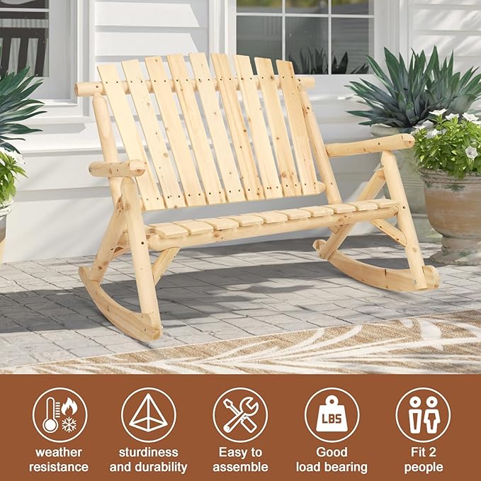 HOMEDIARY Outdoor Wood Rocking Bench, 2-Person Rustic Adirondack Log Rocker with Slatted Seat, High Backrest/Armrests, Double Wooden Patio Porch Rocking Loveseat for Garden Backyard Porch, Natural