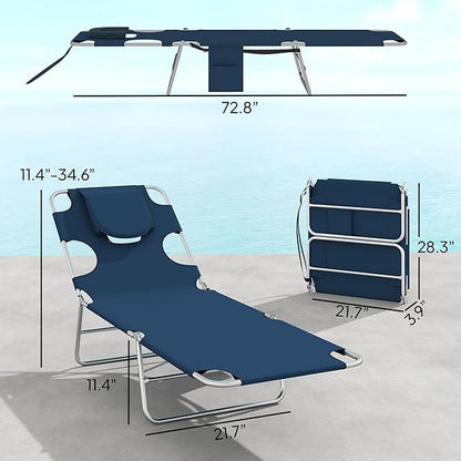 Outsunny Chaise Lounge Chair Outdoor Set of 2 with Face Arm Hole, 5-Position Reclining Face Down Tanning Chair with Carry Strap, Side Pocket, Portable Folding Bed Cot for Patio Beach Pool, Dark Blue