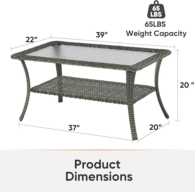 Outdoor Coffee Table - Patio Rattan Wicker Coffee Table with Tempered Glass Top and 2-Tier Storage Outdoor Table for - Photo 2
