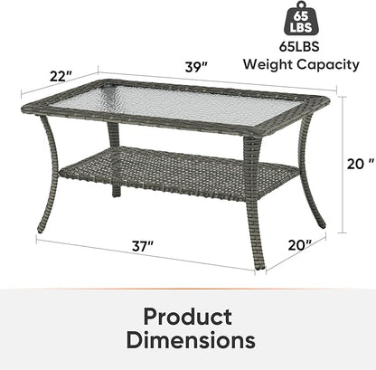 Outdoor Coffee Table - Patio Rattan Wicker Coffee Table with Tempered Glass Top and 2-Tier Storage Outdoor Table for Deck Porch Balcony Garden - Grey