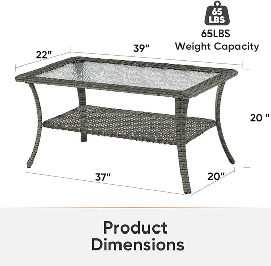 Outdoor Coffee Table - Patio Rattan Wicker Coffee Table with Tempered Glass Top and 2-Tier Storage Outdoor Table for Deck Porch Balcony Garden - Grey