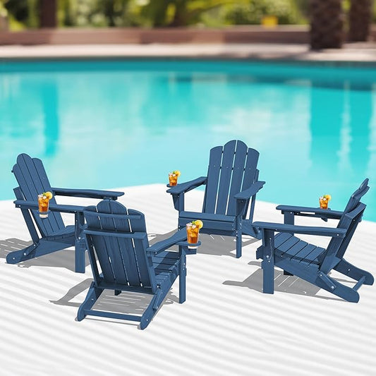 KINGYES Folding Adjustable Adirondack Chairs Set of 4, HDPE All Weather Use Reclining Adirondack Chair, Outdoor Adirondack Chair- Blue