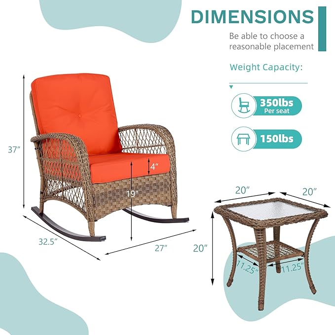 MEETWARM 3 Pieces Outdoor Wicker Rocking Chair Set, Rattan Patio Rocker Chairs Set with Cushions and Glass-Top Coffee Table, Conversation Bistro Set for Porch & Backyard - Orange