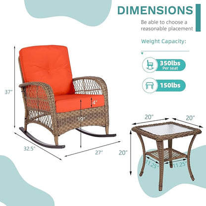 MEETWARM 3 Pieces Outdoor Wicker Rocking Chair Set, Rattan Patio Rocker Chairs Set with Cushions and Glass-Top Coffee Table, Conversation Bistro Set for Porch & Backyard - Orange