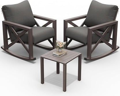 UDPATIO Outdoor Rocking Chair Set of 2 with Coffee Table, 3 Piece Metal Patio Furniture Set with 6.5" Water-Resistant Cushions, Oversized, 350lbs Heavy-Duty, for Porch, Patio, Balcony, Dark Grey