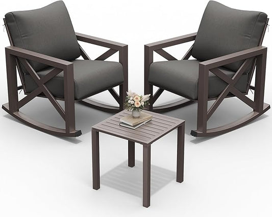 UDPATIO Outdoor Rocking Chair Set of 2 with Coffee Table, 3 Piece Metal Patio Furniture Set with 6.5" Water-Resistant Cushions, Oversized, 350lbs Heavy-Duty, for Porch, Patio, Balcony, Dark Grey