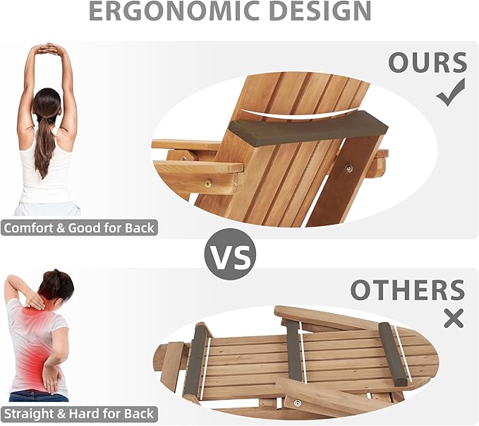 Oversize Wooden Outdoor Folding Adirondack Chair with Pre-Assembled BackRest & SeatBoard, Wood Patio Chair for Garden Backyard Porch Pool Deck Firepit