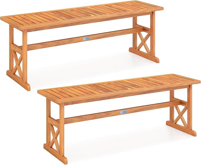 HAPPYGRILL Acacia Wood Outdoor Bench for 2-3 People, Patio Bench with Slatted Seat & X-Shaped Frame, for Porch Garden Backyard and Park (2)