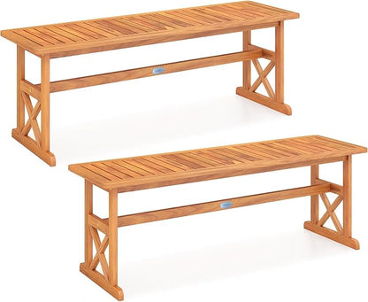 HAPPYGRILL Acacia Wood Outdoor Bench for 2-3 People, Patio Bench with Slatted Seat & X-Shaped Frame, for Porch Garden Backyard and Park (2)