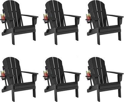 Folding Adirondack Chair Set of 6, All-Weather Resistant HDPE Patio Firepit Seats, Sturdy Outside Seating With Cup Holder, 80% Pre-Installed, Load Capacity 385lb, Black