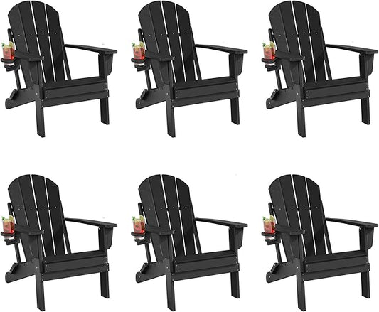 Folding Adirondack Chair Set of 6, All-Weather Resistant HDPE Patio Firepit Seats, Sturdy Outside Seating With Cup Holder, 80% Pre-Installed, Load Capacity 385lb, Black