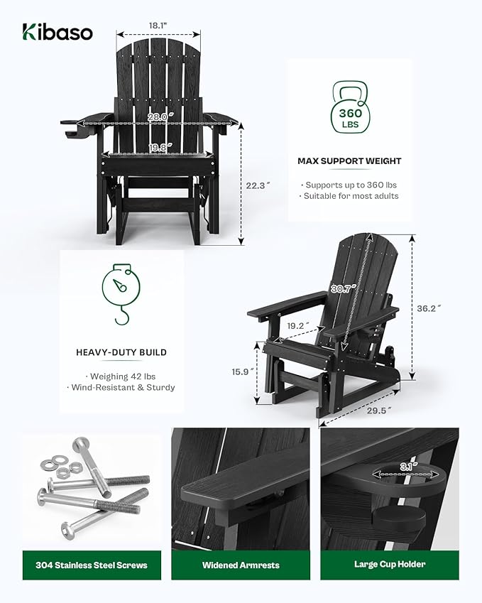 3-Position Adjustable Adirondack Chair with Cup Holder, HDPE All-Weather Outdoor Glider Chair, Wood-Grain Fire Pit Chairs for Pool, Yard, Deck (Black)