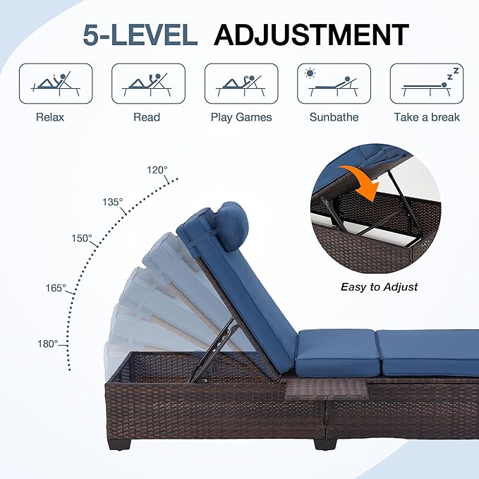 HOMREST PE Wicker Chaise Lounge Chairs Set of 2,Adjustable 5 Position Outside Rattanr Patio Pool Chair with Headrest,Cushion and Storage Rack for Poolside Backyard Porch, (Blue)