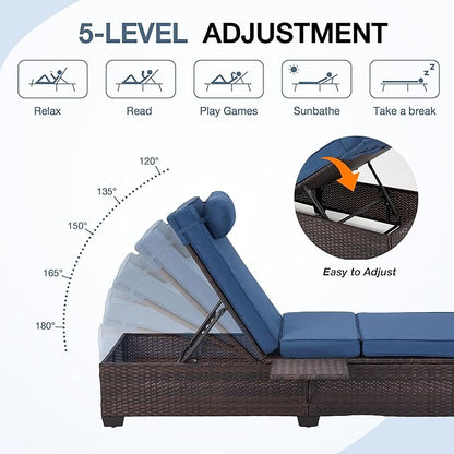 HOMREST PE Wicker Chaise Lounge Chairs Set of 2,Adjustable 5 Position Outside Rattanr Patio Pool Chair with Headrest,Cushion and Storage Rack for Poolside Backyard Porch, (Blue)