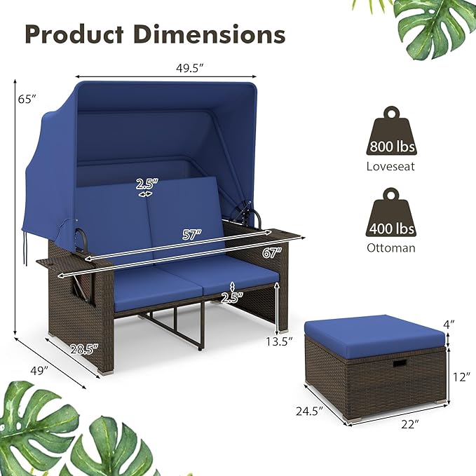 RELAX4LIFE Wicker Outdoor Daybed with Canopy - Rattan Loveseat Sofa Set w/Storage Ottomans, Adjustable Back - Photo 3