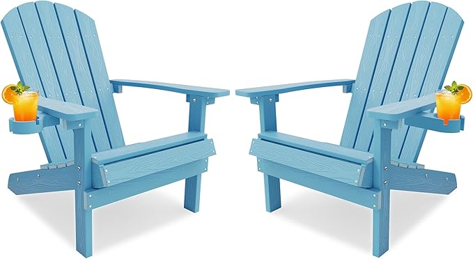 YEFU Adirondack Chairs Set of 2 for Patio: Zero Gravity Fire Pit Chairs Plastic with Cup Holders & Wood Texture - Sturdy All-Weather HIPS for Outdoor Backyard Lawn - Easy Assembly(Blue)