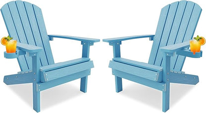 YEFU Adirondack Chairs Set of 2 for Patio: Zero Gravity Fire Pit Chairs Plastic with Cup Holders & Wood Texture - Sturdy All-Weather HIPS for Outdoor Backyard Lawn - Easy Assembly(Blue)