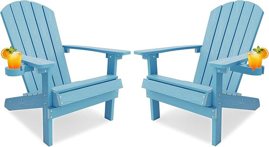 YEFU Adirondack Chairs Set of 2 for Patio: Zero Gravity Fire Pit Chairs Plastic with Cup Holders & Wood Texture - Sturdy All-Weather HIPS for Outdoor Backyard Lawn - Easy Assembly(Blue)