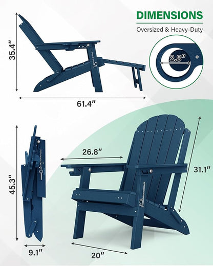 YEFU Folding Adirondack Chair with Footrest: Adjustable Adirondack Chairs with Retractable Ottoman - Sturdy HDEP Plastic with Cup Holder - All Weather for Outdoor/Patio/Fire Pit/Outside/Pool(Navy)