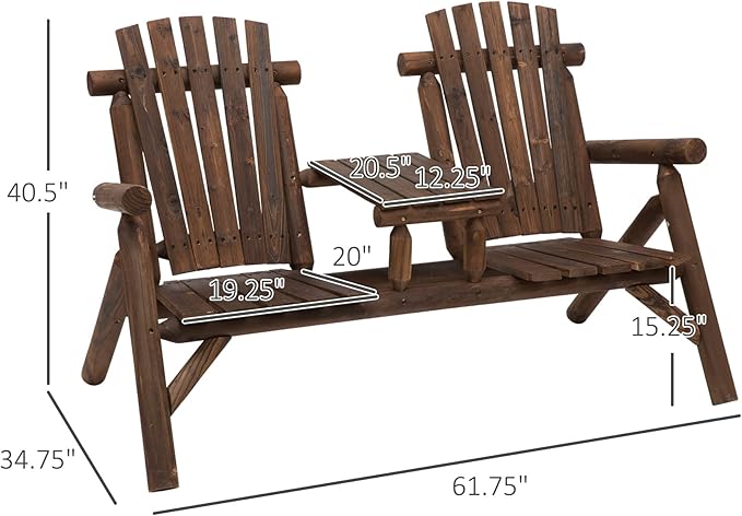 Outsunny 2-Seat Wooden Adirondack Chair, Patio Bench with Table, Outdoor Loveseat Fire Pit Chair for Porch, Backyard - Photo 3