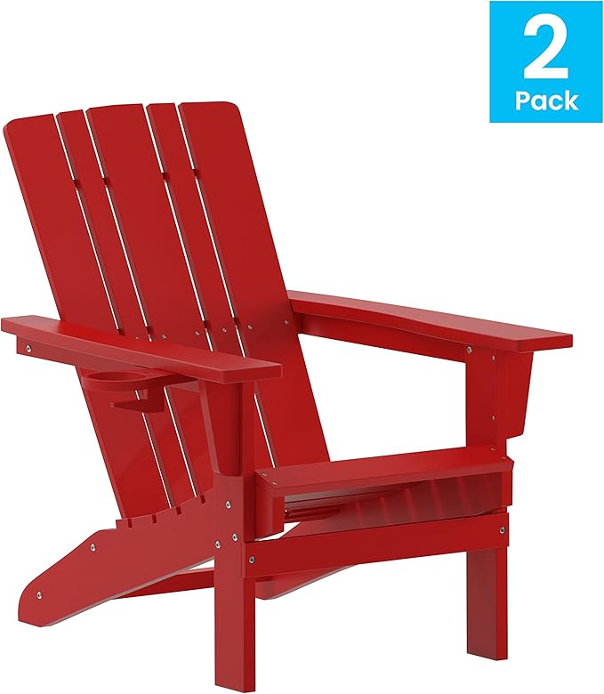 Taylor & Logan Hedley Adirondack Chair with Cup Holder, Weather Resistant HDPE Adirondack Chair in Red, Set of 2