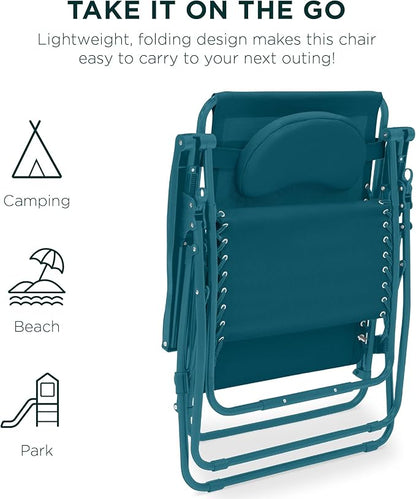 Best Choice Products Oversized Zero Gravity Chair, Folding Outdoor Patio Lounge Recliner w/Cup Holder Accessory Tray, Pillow - Peacock