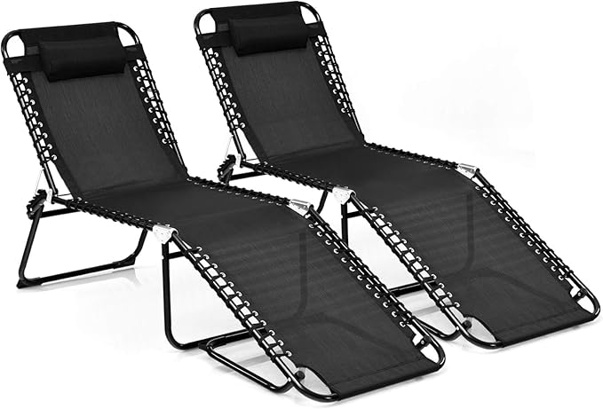 Goplus Chaise Lounge Chair, Folding 5-Postion Beach Lounge Chair with Detachable Pillow, Sunbathing Lounger, Adjustable Tanning Chair for Patio Lawn Pool Yard Outdoor