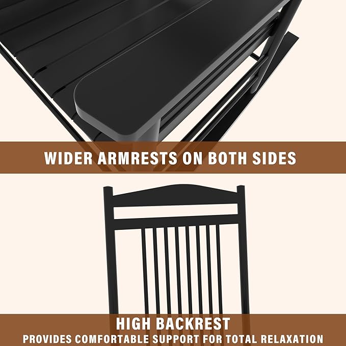 MUPATER Outdoor Rocking Chair Sets 3-Piece, Bistro Table and Chairs Set of 2,Patio Wooden Rocker Bistro Set with Foldable Table and Curved Seat,Black