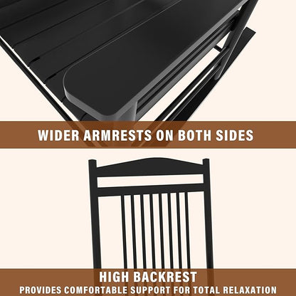 MUPATER Outdoor Rocking Chair Sets 3-Piece, Bistro Table and Chairs Set of 2,Patio Wooden Rocker Bistro Set with Foldable Table and Curved Seat,Black