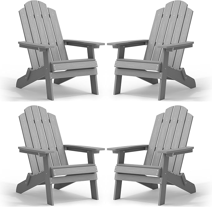 MXIMU Folding Adirondack Chair for Outdoor: Easy to Assemble and Comfortable Adirondack Chairs Set of 4 - All Weather Composite Plastic Chair for Outside Fire Pit Patio Lawn Garden Backyard Use(Grey)