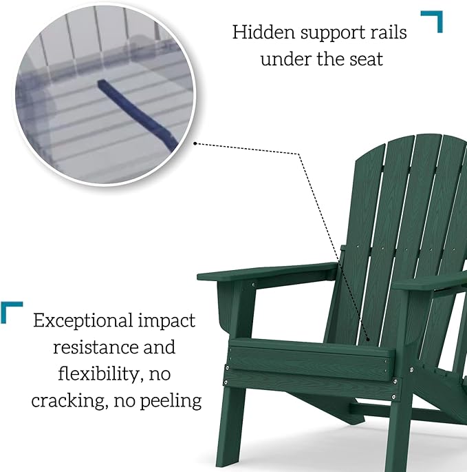 Folding Adirondack Chair, HDPE Outdoor Patio Chair with Cup Holder, All Weather Plastic Lawn Chair with Wide Armrests, Portable Patio Chair for Backyard Deck Garden Fire Pit Poolside, Green