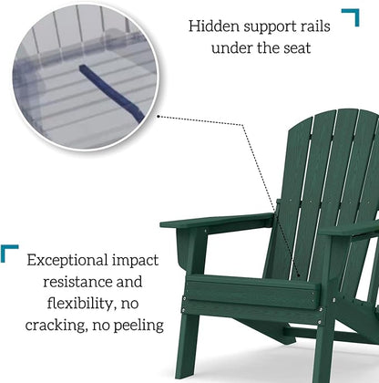 Folding Adirondack Chair, HDPE Outdoor Patio Chair with Cup Holder, All Weather Plastic Lawn Chair with Wide Armrests, Portable Patio Chair for Backyard Deck Garden Fire Pit Poolside, Green