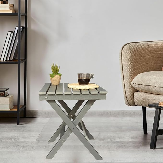 HDPE Outdoor Side Table Small End Square Table Folding Coffee Furniture for Patio, Garden, Balcon, Pool, Outside Portable Grey