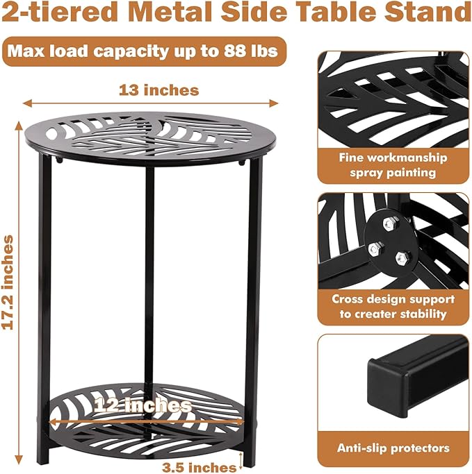 13" Two-tiered Metal Round Side Tables Small Black Outside End Table for Patio Round Accent Garden Corner Stand for - Photo 2
