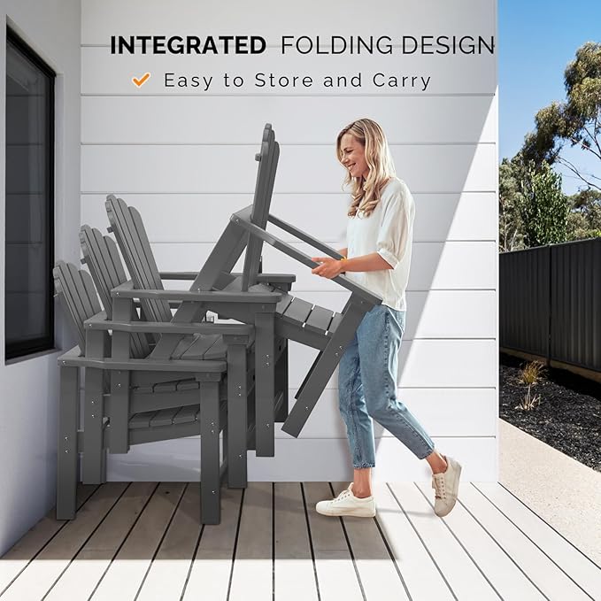 VINGLI Plastic Folding Adirondack Chair with Cup Holder, 100% Recyclable HDPE Material, Comfortable 380lb Weight Capacity for Outdoor Pool Patio Lounge Chair Lawn Furniture Fire Pit, 1 Pack,Gray