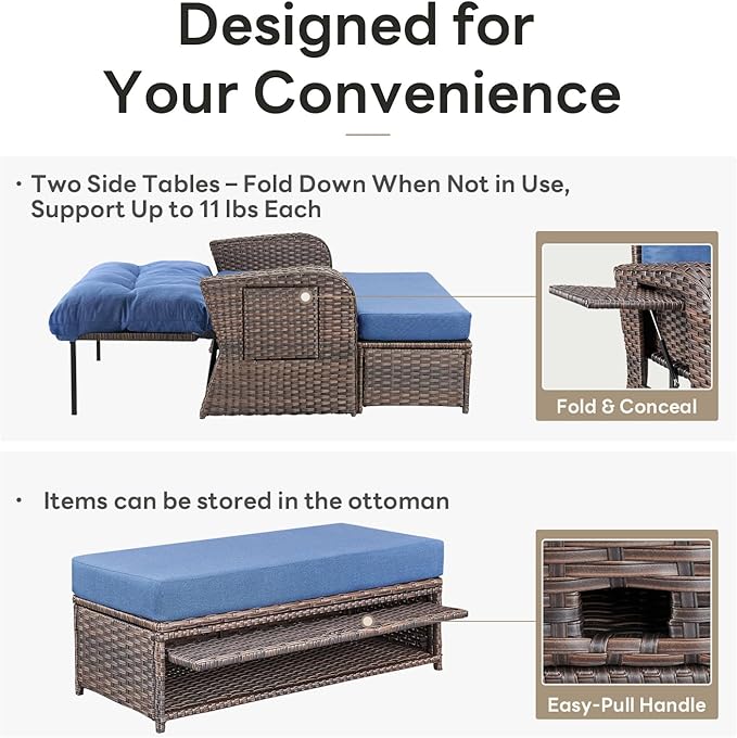 Belord Patio Furniture Set - 6-Piece Wicker Loveseat Outdoor Daybed Furniture Set with Recliner Lounge Chairs Set of 2 and Side Table, All-Weather Outdoor Patio Conversation Set for Deck Pool Backyard
